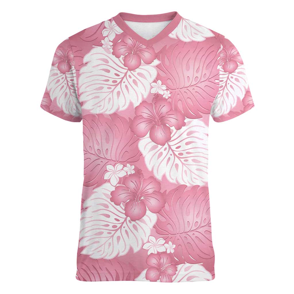 Pink Aloha Hawaii Women V-Neck T-Shirt Monstera Hibiscus Plumeria Seamless Vibes LT14 Female Pink - Polynesian Pride