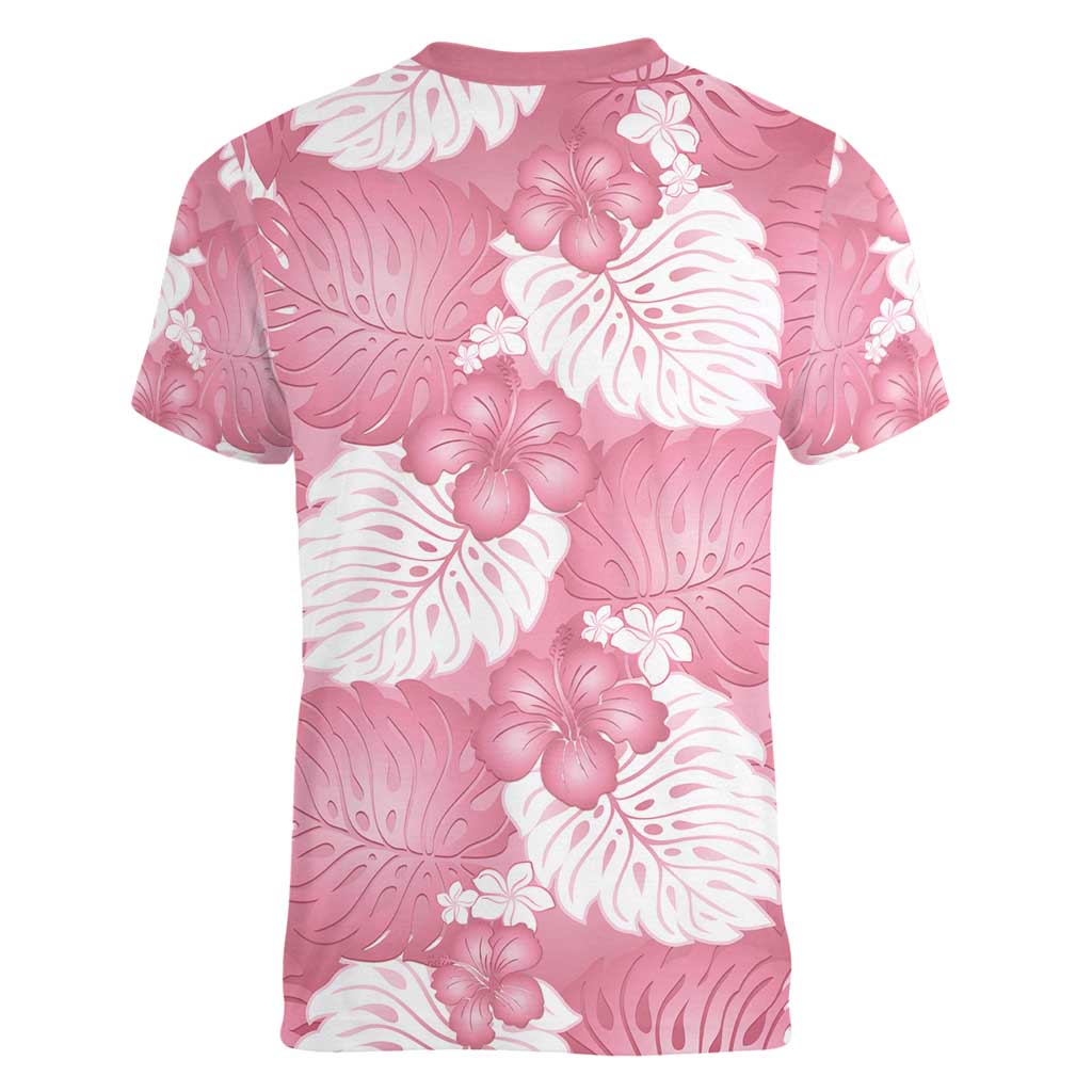 Pink Aloha Hawaii Women V-Neck T-Shirt Monstera Hibiscus Plumeria Seamless Vibes LT14 - Polynesian Pride