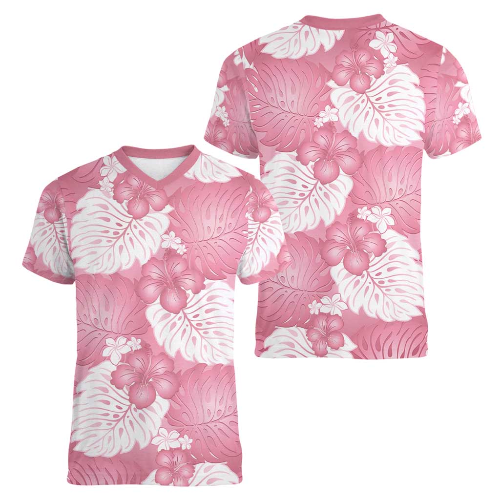 Pink Aloha Hawaii Women V-Neck T-Shirt Monstera Hibiscus Plumeria Seamless Vibes LT14 - Polynesian Pride