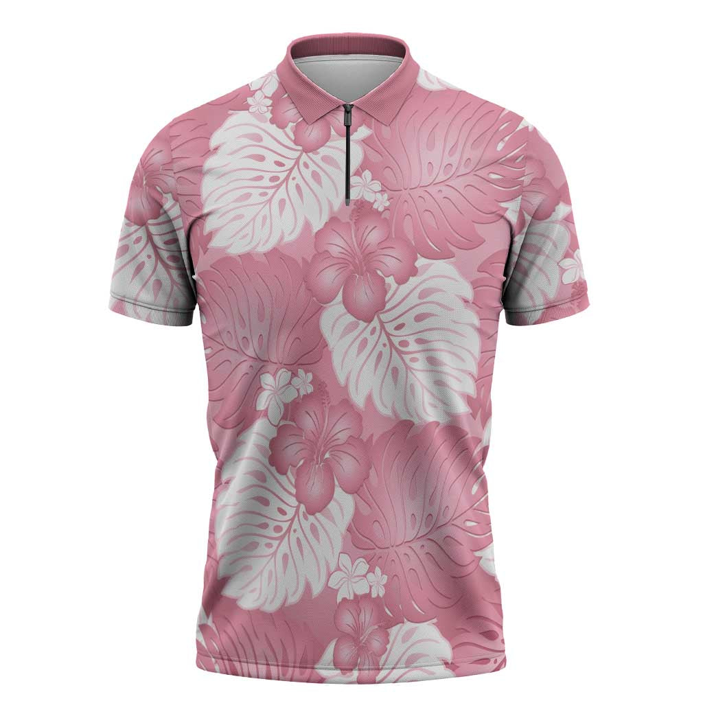 Pink Aloha Hawaii Zipper Polo Shirt Monstera Hibiscus Plumeria Seamless Vibes LT14 Pink - Polynesian Pride