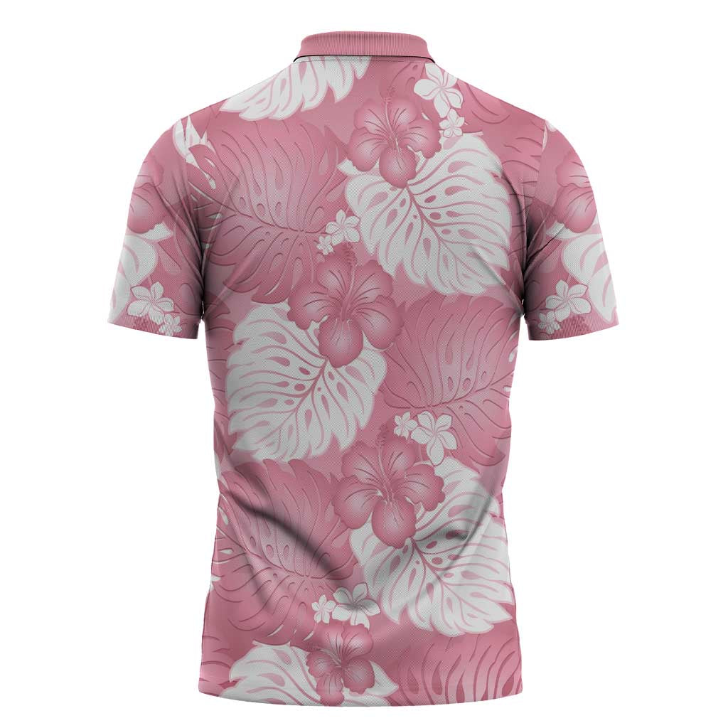 Pink Aloha Hawaii Zipper Polo Shirt Monstera Hibiscus Plumeria Seamless Vibes LT14 - Polynesian Pride