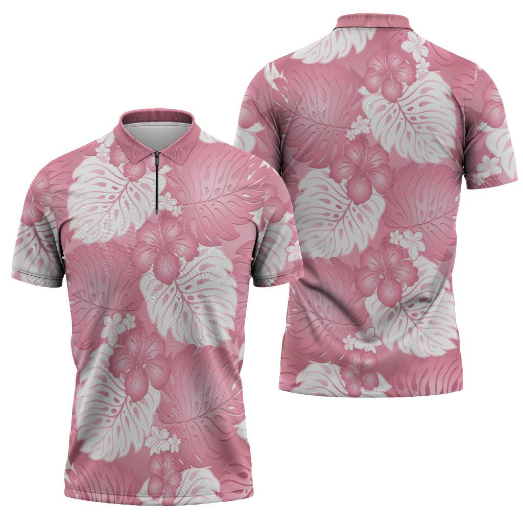 Pink Aloha Hawaii Zipper Polo Shirt Monstera Hibiscus Plumeria Seamless Vibes LT14 - Polynesian Pride