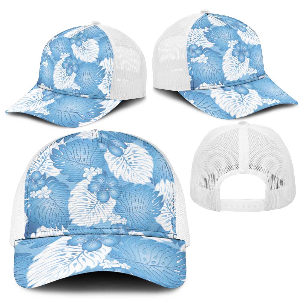Blue Aloha Hawaii Baseball Net Cap Monstera Hibiscus Plumeria Seamless Vibes - Polynesian Pride