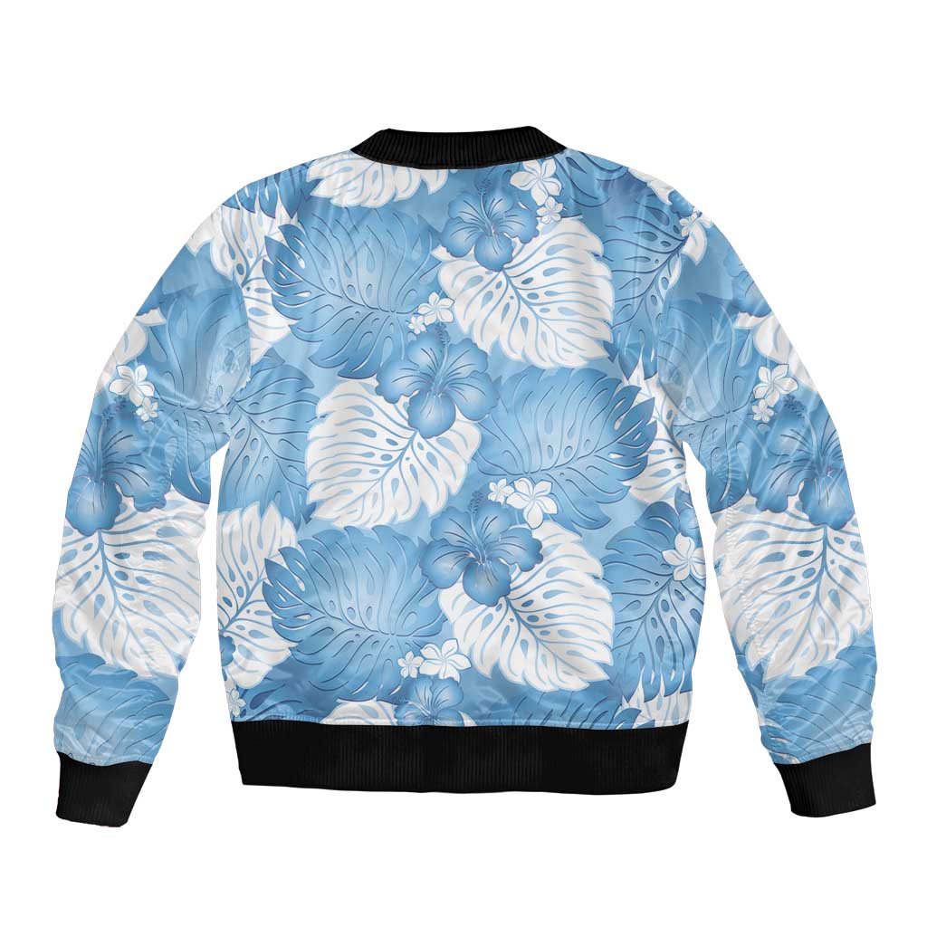 Blue Aloha Hawaii Bomber Jacket Monstera Hibiscus Plumeria Seamless Vibes - Polynesian Pride
