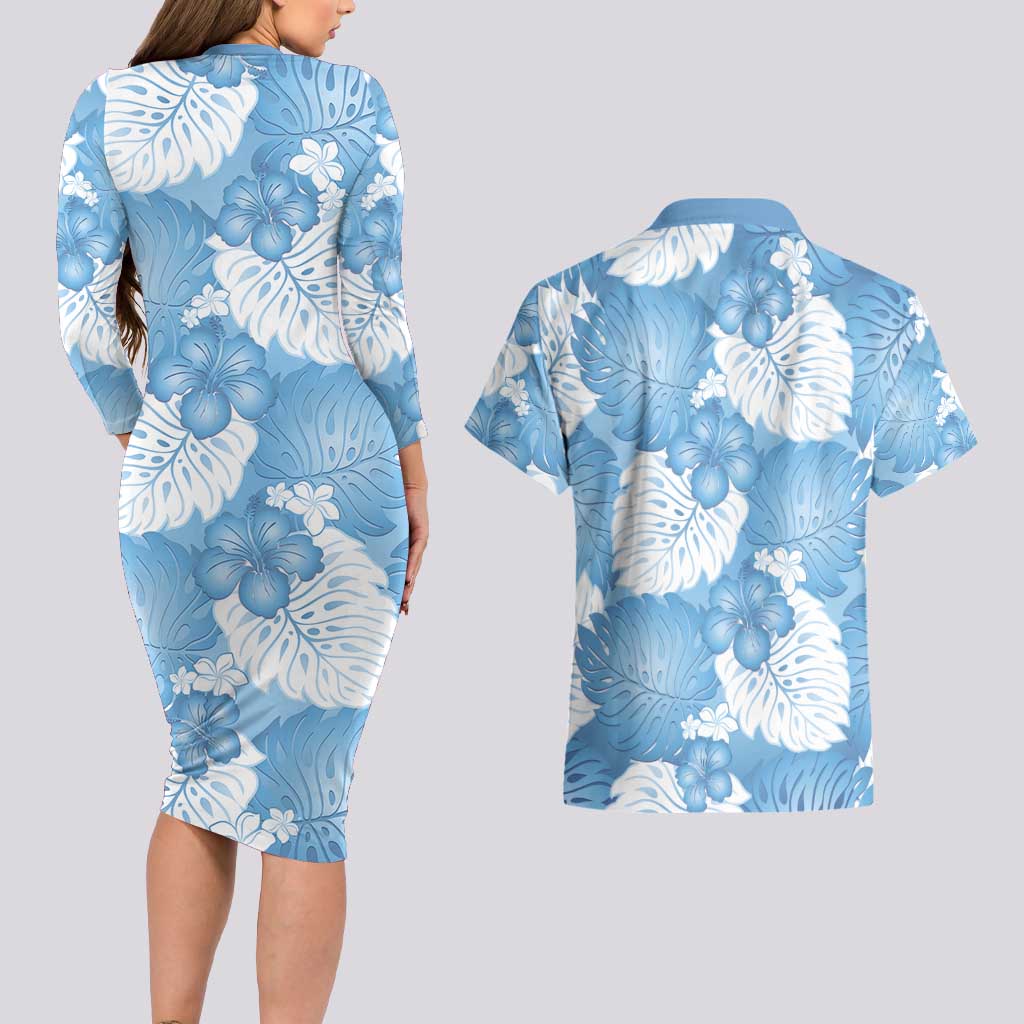 Blue Aloha Hawaii Couples Matching Long Sleeve Bodycon Dress and Hawaiian Shirt Monstera Hibiscus Plumeria Seamless Vibes LT14 - Polynesian Pride