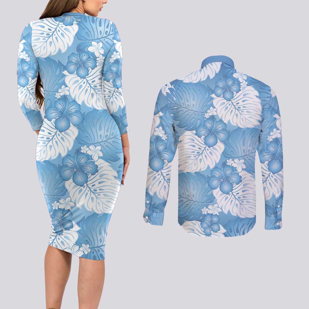 Blue Aloha Hawaii Couples Matching Long Sleeve Bodycon Dress and Long Sleeve Button Shirt Monstera Hibiscus Plumeria Seamless Vibes LT14 - Polynesian Pride