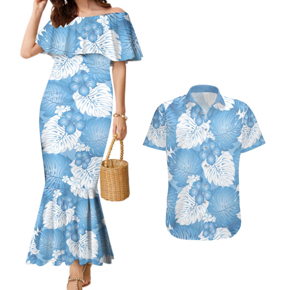 Blue Aloha Hawaii Couples Matching Mermaid Dress and Hawaiian Shirt Monstera Hibiscus Plumeria Seamless Vibes LT14 Blue - Polynesian Pride