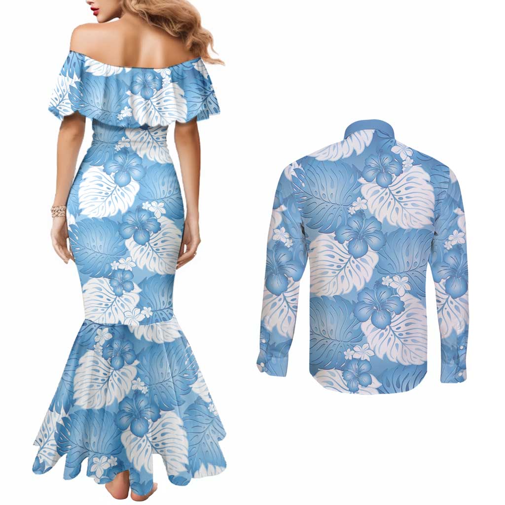 Blue Aloha Hawaii Couples Matching Mermaid Dress and Long Sleeve Button Shirt Monstera Hibiscus Plumeria Seamless Vibes LT14 - Polynesian Pride