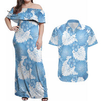 Blue Aloha Hawaii Couples Matching Off Shoulder Maxi Dress and Hawaiian Shirt Monstera Hibiscus Plumeria Seamless Vibes LT14 Blue - Polynesian Pride