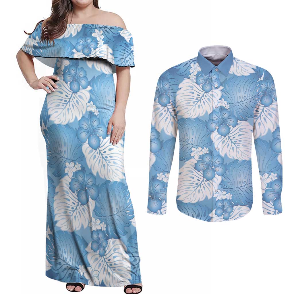 Blue Aloha Hawaii Couples Matching Off Shoulder Maxi Dress and Long Sleeve Button Shirt Monstera Hibiscus Plumeria Seamless Vibes LT14 Blue - Polynesian Pride