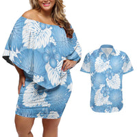 Blue Aloha Hawaii Couples Matching Off Shoulder Short Dress and Hawaiian Shirt Monstera Hibiscus Plumeria Seamless Vibes LT14 Blue - Polynesian Pride