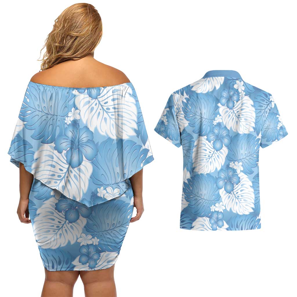 Blue Aloha Hawaii Couples Matching Off Shoulder Short Dress and Hawaiian Shirt Monstera Hibiscus Plumeria Seamless Vibes LT14 - Polynesian Pride