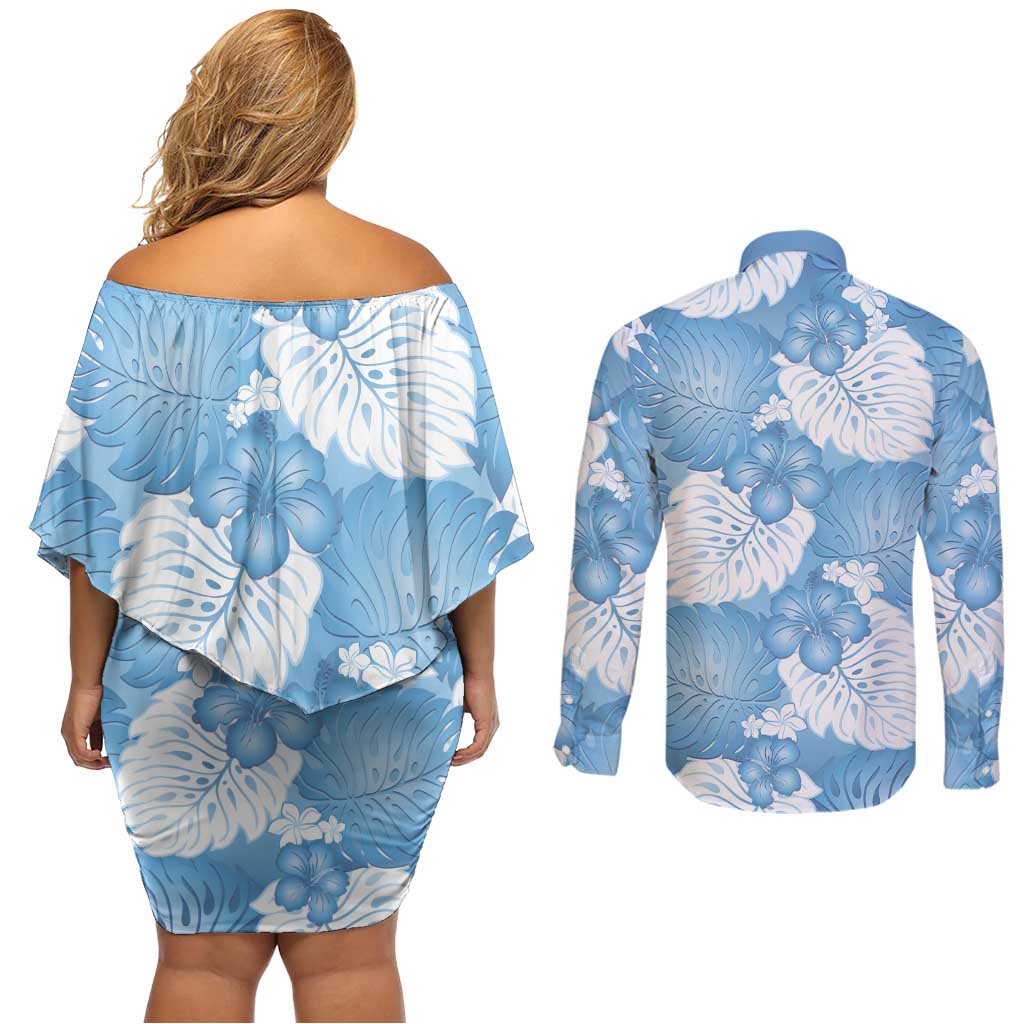 Blue Aloha Hawaii Couples Matching Off Shoulder Short Dress and Long Sleeve Button Shirt Monstera Hibiscus Plumeria Seamless Vibes LT14 - Polynesian Pride
