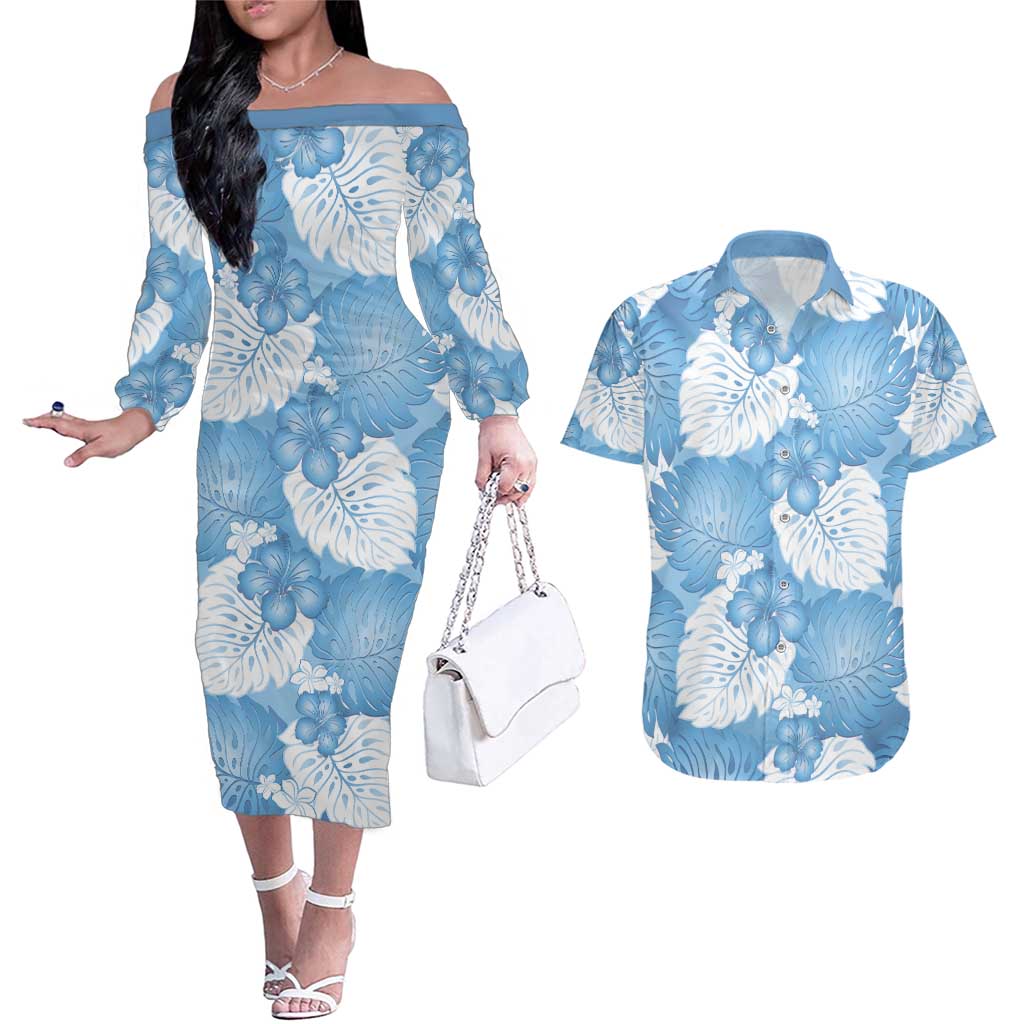 Blue Aloha Hawaii Couples Matching Off The Shoulder Long Sleeve Dress and Hawaiian Shirt Monstera Hibiscus Plumeria Seamless Vibes LT14 Blue - Polynesian Pride