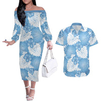 Blue Aloha Hawaii Couples Matching Off The Shoulder Long Sleeve Dress and Hawaiian Shirt Monstera Hibiscus Plumeria Seamless Vibes LT14 Blue - Polynesian Pride