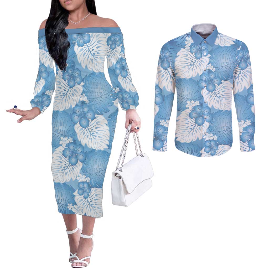 Blue Aloha Hawaii Couples Matching Off The Shoulder Long Sleeve Dress and Long Sleeve Button Shirt Monstera Hibiscus Plumeria Seamless Vibes LT14 Blue - Polynesian Pride