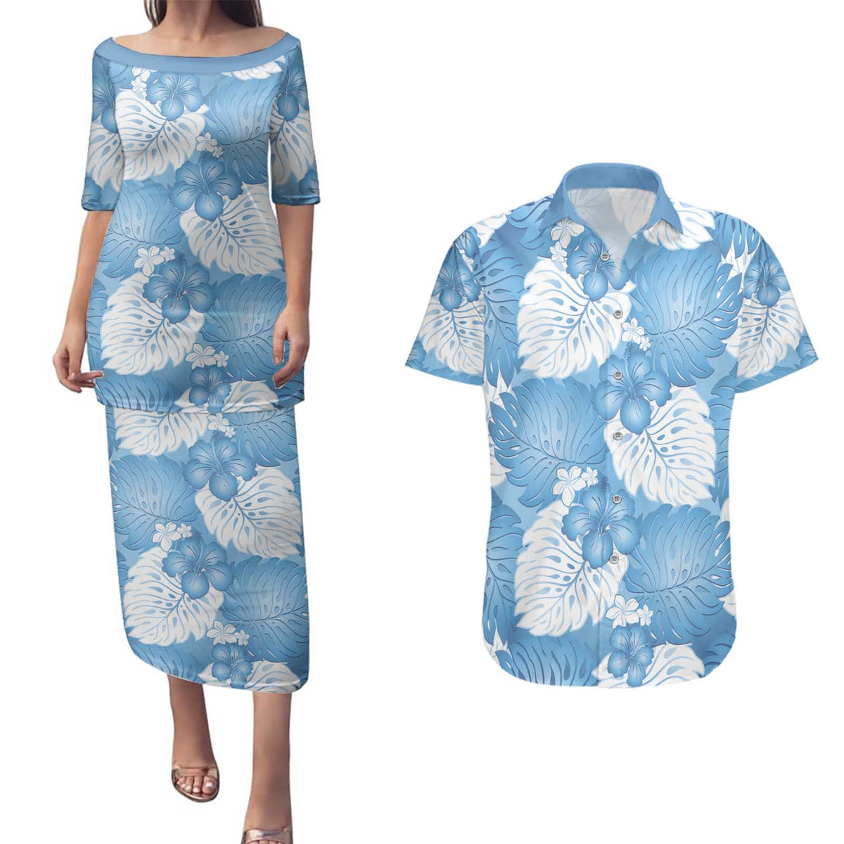 Blue Aloha Hawaii Couples Matching Puletasi and Hawaiian Shirt Monstera Hibiscus Plumeria Seamless Vibes LT14 Blue - Polynesian Pride