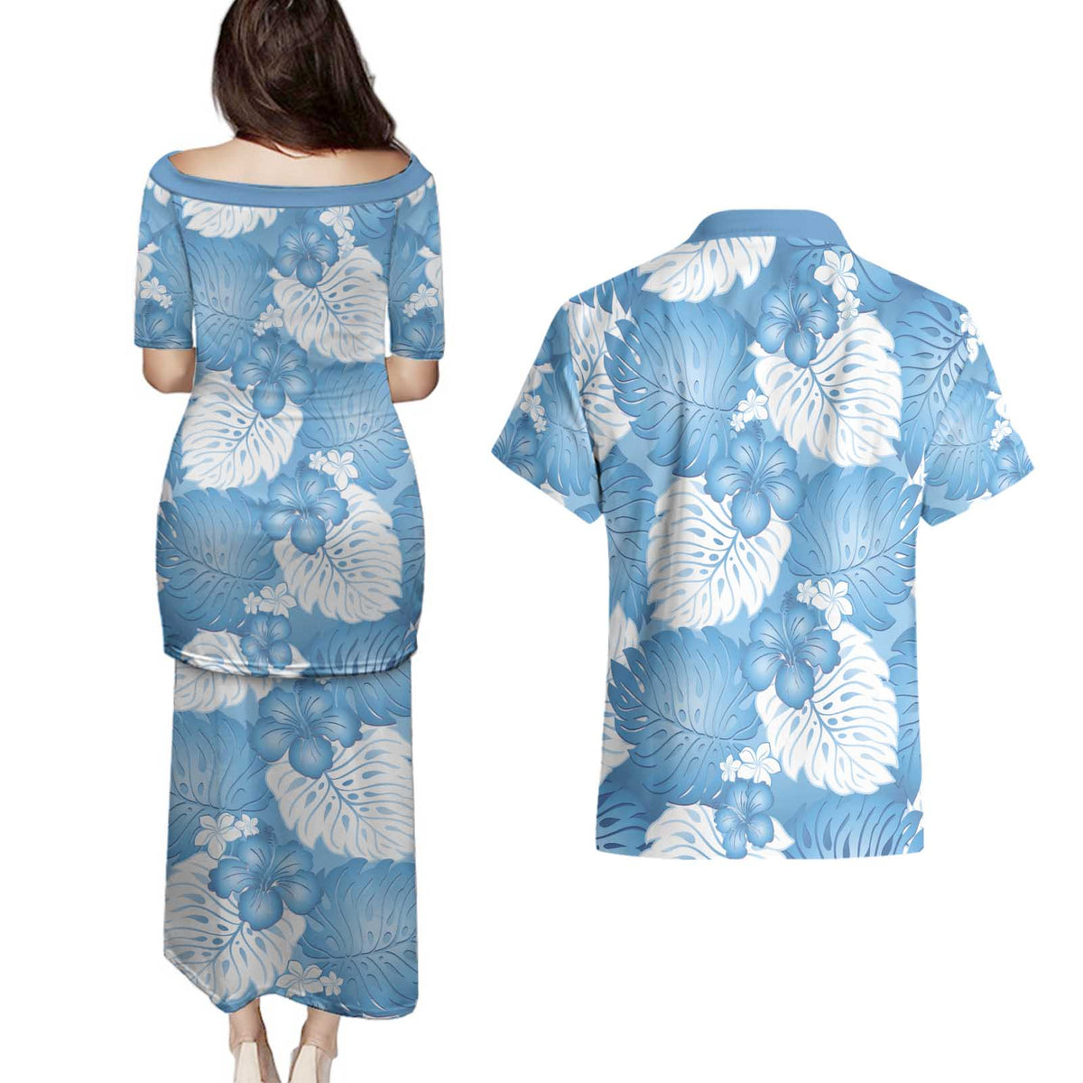 Blue Aloha Hawaii Couples Matching Puletasi and Hawaiian Shirt Monstera Hibiscus Plumeria Seamless Vibes LT14 - Polynesian Pride