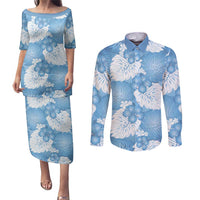 Blue Aloha Hawaii Couples Matching Puletasi and Long Sleeve Button Shirt Monstera Hibiscus Plumeria Seamless Vibes LT14 Blue - Polynesian Pride