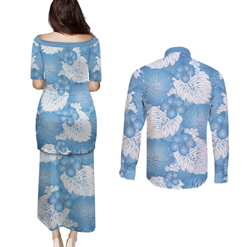 Blue Aloha Hawaii Couples Matching Puletasi and Long Sleeve Button Shirt Monstera Hibiscus Plumeria Seamless Vibes LT14 - Polynesian Pride