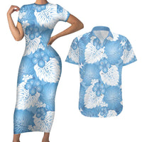 Blue Aloha Hawaii Couples Matching Short Sleeve Bodycon Dress and Hawaiian Shirt Monstera Hibiscus Plumeria Seamless Vibes LT14 Blue - Polynesian Pride
