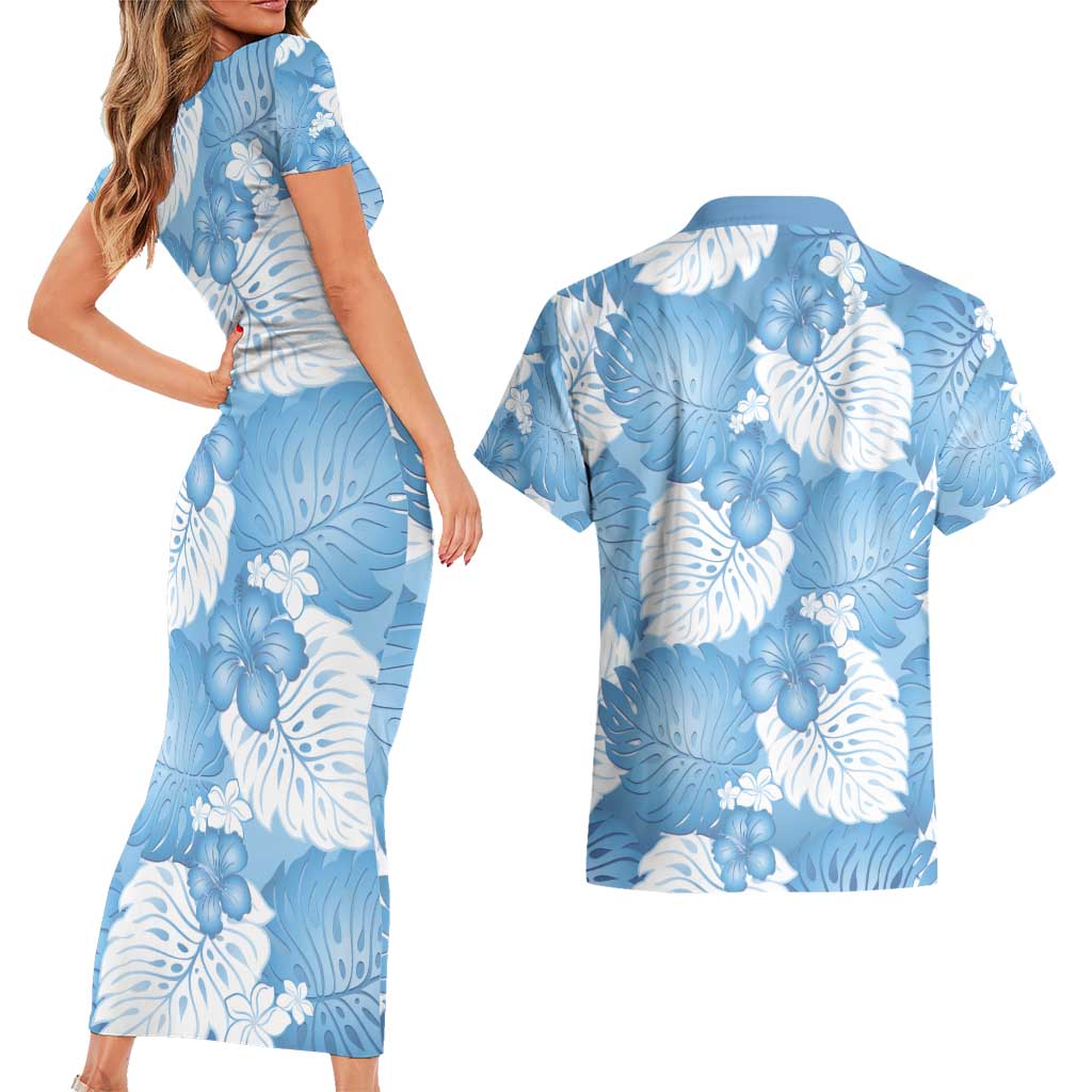 Blue Aloha Hawaii Couples Matching Short Sleeve Bodycon Dress and Hawaiian Shirt Monstera Hibiscus Plumeria Seamless Vibes LT14 - Polynesian Pride