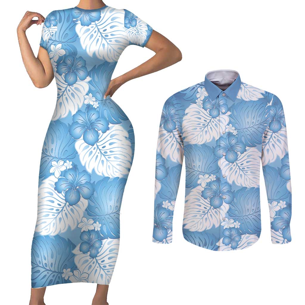 Blue Aloha Hawaii Couples Matching Short Sleeve Bodycon Dress and Long Sleeve Button Shirt Monstera Hibiscus Plumeria Seamless Vibes LT14 Blue - Polynesian Pride