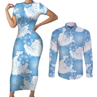 Blue Aloha Hawaii Couples Matching Short Sleeve Bodycon Dress and Long Sleeve Button Shirt Monstera Hibiscus Plumeria Seamless Vibes LT14 Blue - Polynesian Pride