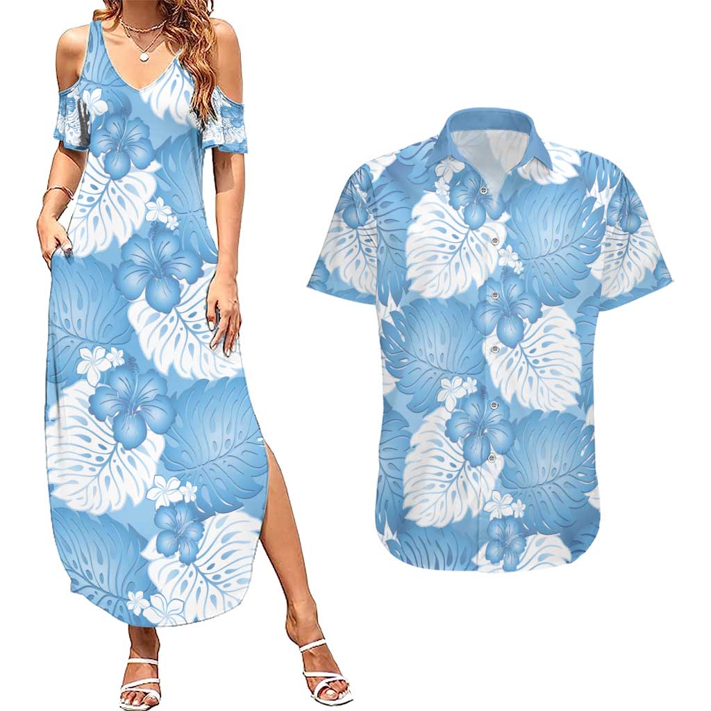 Blue Aloha Hawaii Couples Matching Summer Maxi Dress and Hawaiian Shirt Monstera Hibiscus Plumeria Seamless Vibes LT14 Blue - Polynesian Pride