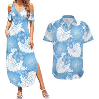 Blue Aloha Hawaii Couples Matching Summer Maxi Dress and Hawaiian Shirt Monstera Hibiscus Plumeria Seamless Vibes LT14 Blue - Polynesian Pride
