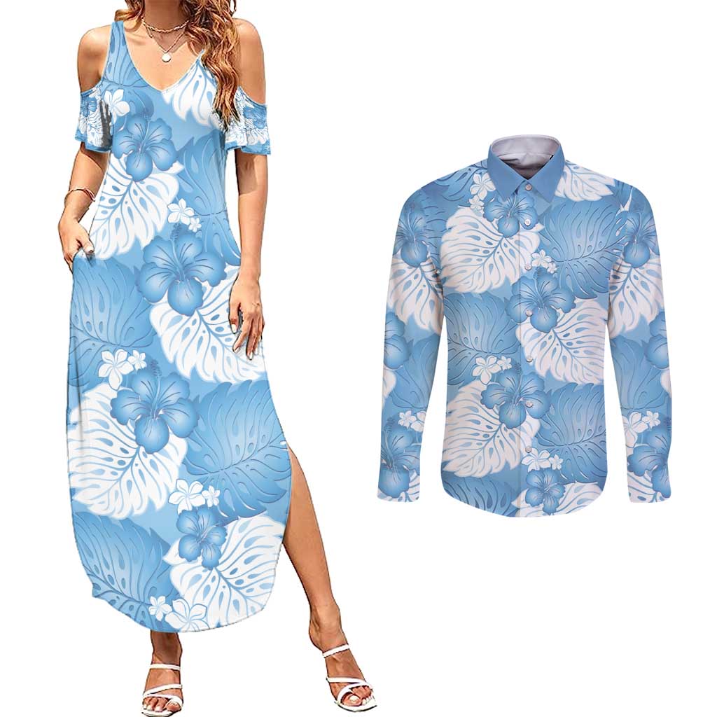 Blue Aloha Hawaii Couples Matching Summer Maxi Dress and Long Sleeve Button Shirt Monstera Hibiscus Plumeria Seamless Vibes LT14 Blue - Polynesian Pride