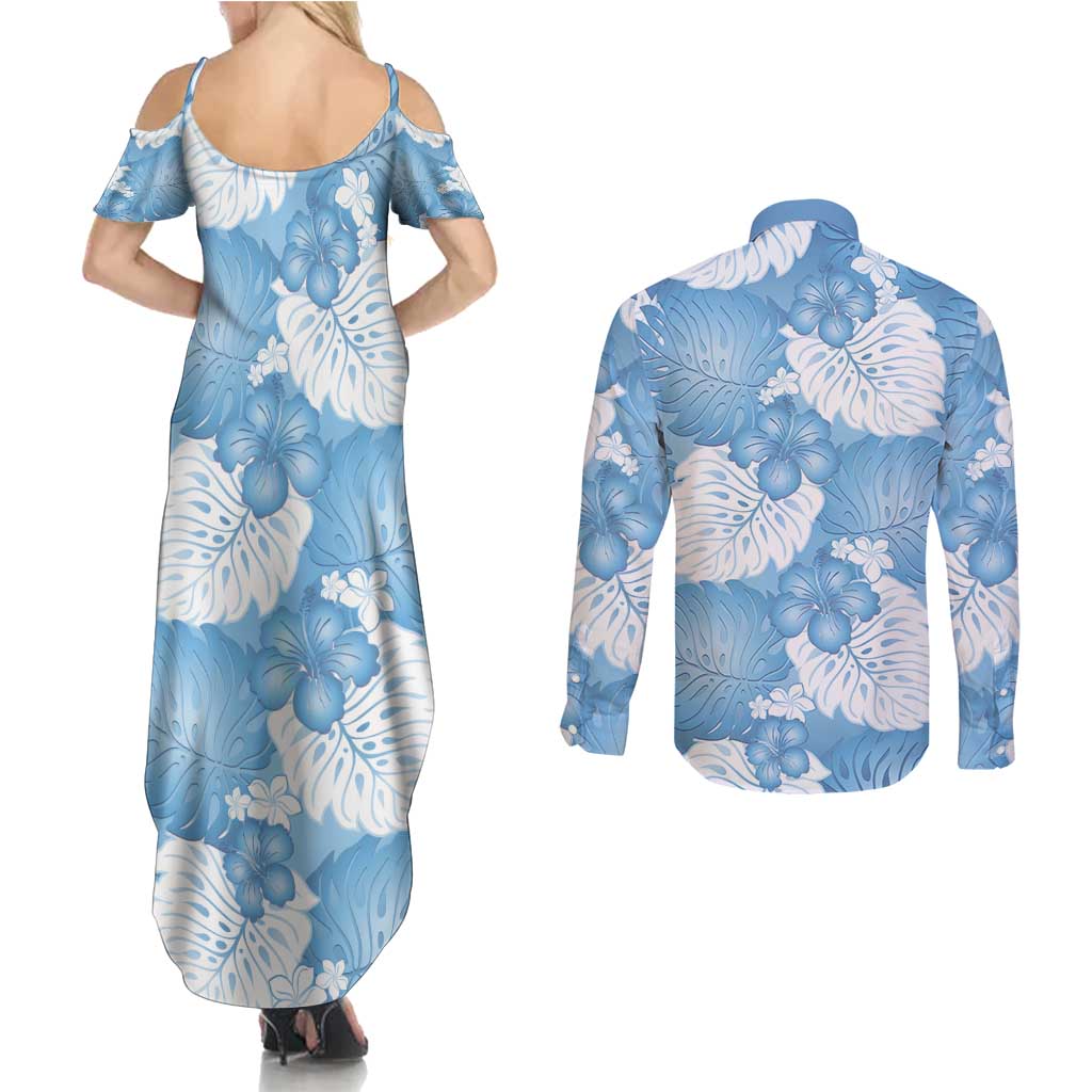 Blue Aloha Hawaii Couples Matching Summer Maxi Dress and Long Sleeve Button Shirt Monstera Hibiscus Plumeria Seamless Vibes LT14 - Polynesian Pride