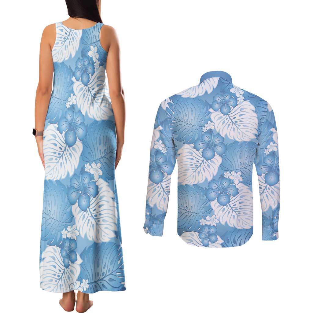 Blue Aloha Hawaii Couples Matching Tank Maxi Dress and Long Sleeve Button Shirt Monstera Hibiscus Plumeria Seamless Vibes LT14 - Polynesian Pride