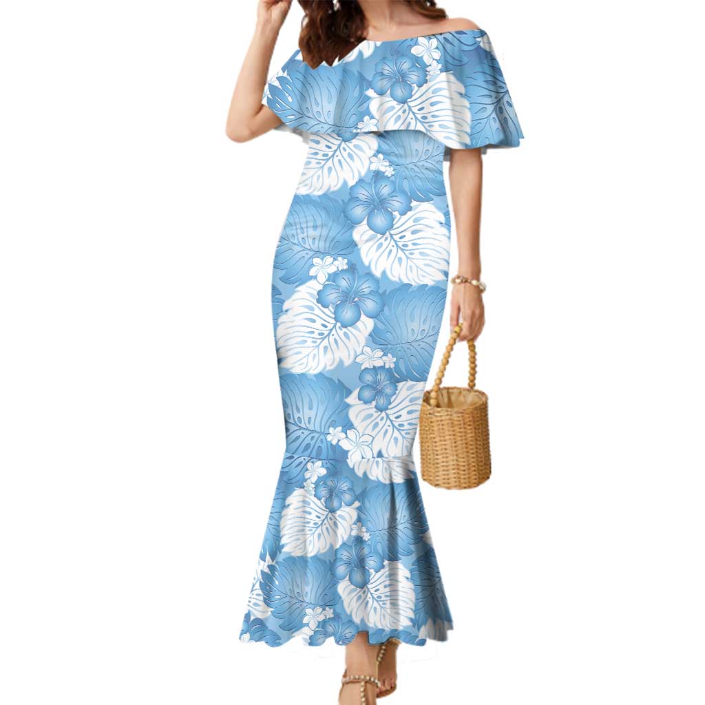 Blue Aloha Hawaii Family Matching Mermaid Dress and Hawaiian Shirt Monstera Hibiscus Plumeria Seamless Vibes LT14 Mom's Dress Blue - Polynesian Pride