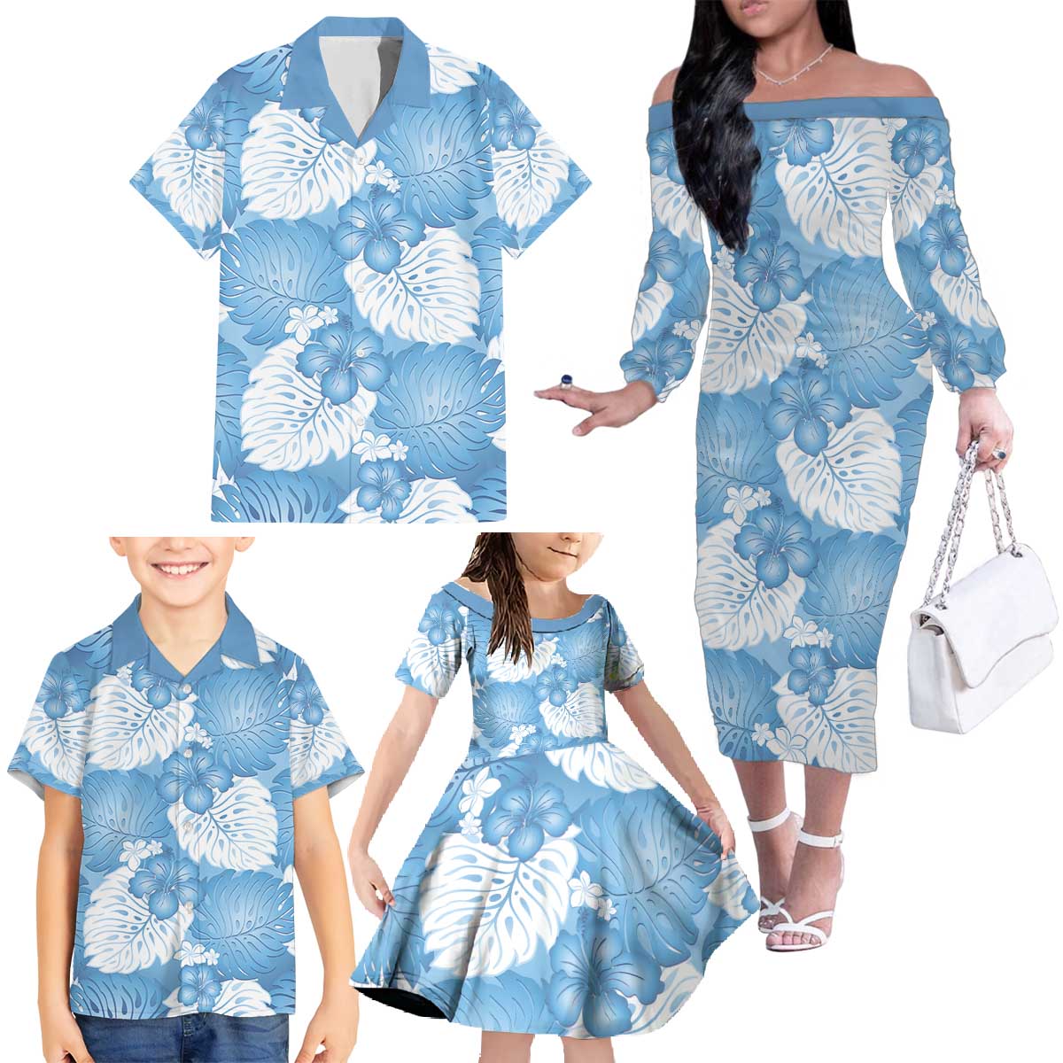 Blue Aloha Hawaii Family Matching Off The Shoulder Long Sleeve Dress and Hawaiian Shirt Monstera Hibiscus Plumeria Seamless Vibes LT14 - Polynesian Pride