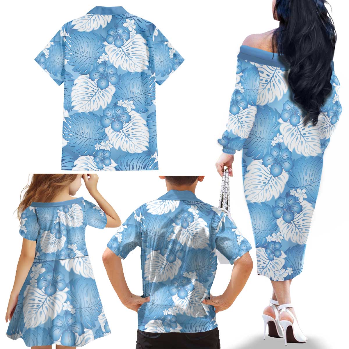 Blue Aloha Hawaii Family Matching Off The Shoulder Long Sleeve Dress and Hawaiian Shirt Monstera Hibiscus Plumeria Seamless Vibes LT14 - Polynesian Pride