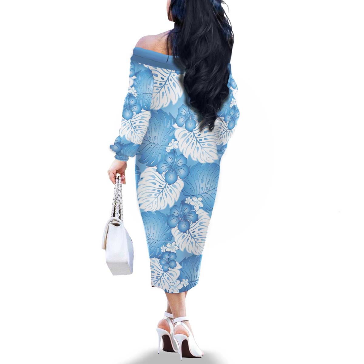 Blue Aloha Hawaii Family Matching Off The Shoulder Long Sleeve Dress and Hawaiian Shirt Monstera Hibiscus Plumeria Seamless Vibes LT14 - Polynesian Pride