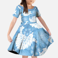 Blue Aloha Hawaii Family Matching Off Shoulder Maxi Dress and Hawaiian Shirt Monstera Hibiscus Plumeria Seamless Vibes LT14 Daughter's Dress Blue - Polynesian Pride
