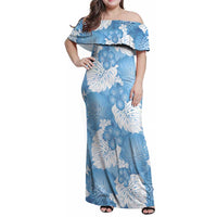 Blue Aloha Hawaii Family Matching Off Shoulder Maxi Dress and Hawaiian Shirt Monstera Hibiscus Plumeria Seamless Vibes LT14 Mom's Dress Blue - Polynesian Pride