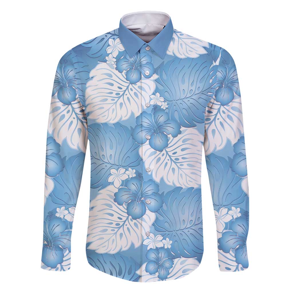 Blue Aloha Hawaii Family Matching Off Shoulder Short Dress and Hawaiian Shirt Monstera Hibiscus Plumeria Seamless Vibes LT14 Dad's Shirt - Long Sleeve Blue - Polynesian Pride