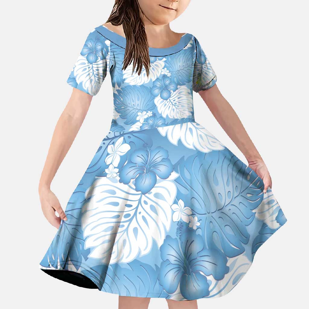 Blue Aloha Hawaii Family Matching Summer Maxi Dress and Hawaiian Shirt Monstera Hibiscus Plumeria Seamless Vibes LT14 Daughter's Dress Blue - Polynesian Pride