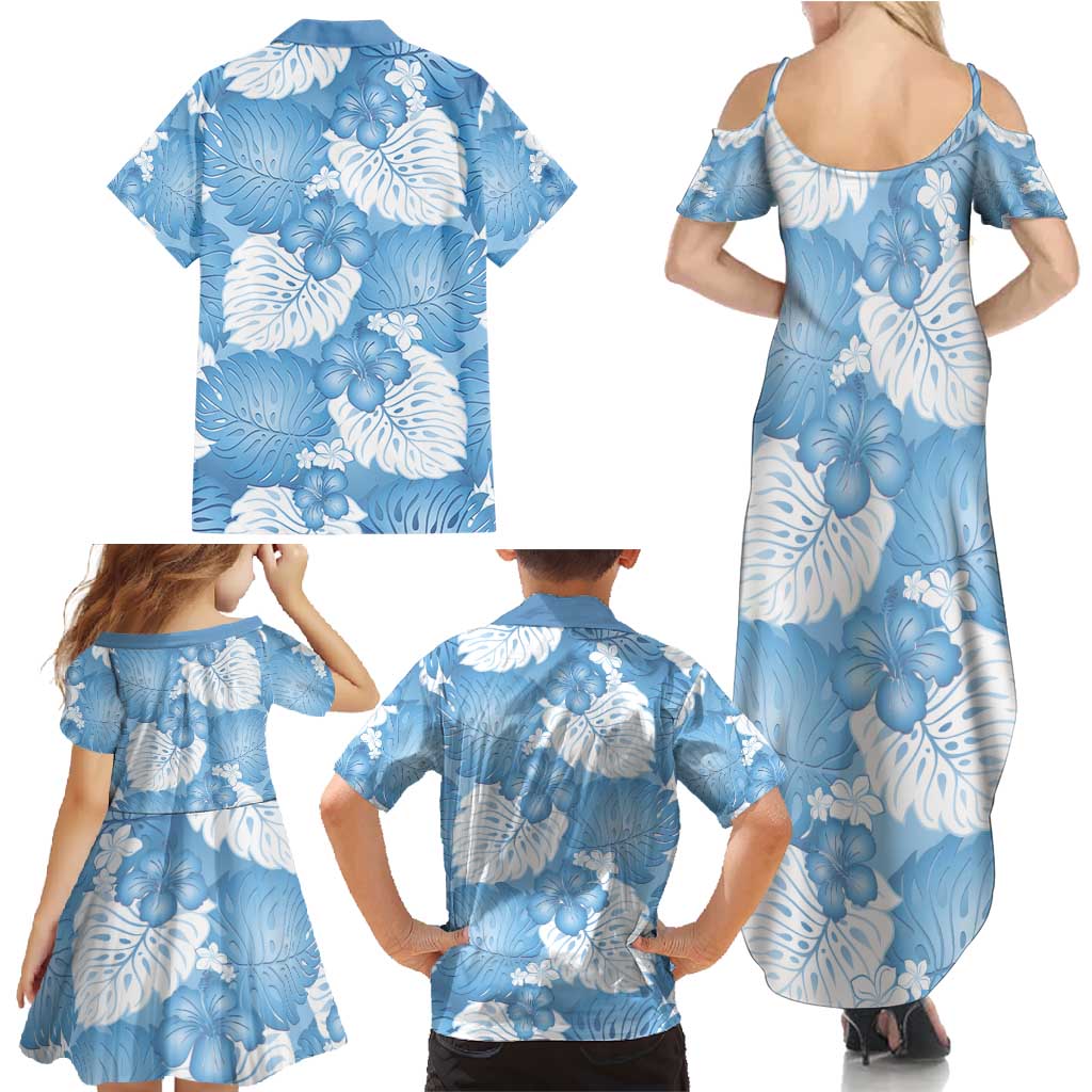 Blue Aloha Hawaii Family Matching Summer Maxi Dress and Hawaiian Shirt Monstera Hibiscus Plumeria Seamless Vibes LT14 - Polynesian Pride