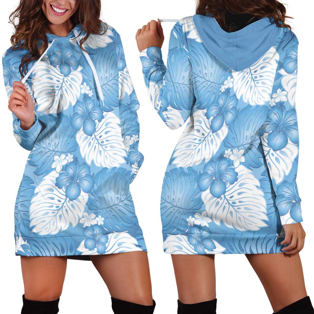 Blue Aloha Hawaii Hoodie Dress Monstera Hibiscus Plumeria Seamless Vibes LT14 - Polynesian Pride
