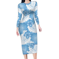 Blue Aloha Hawaii Long Sleeve Bodycon Dress Monstera Hibiscus Plumeria Seamless Vibes LT14 Long Dress Blue - Polynesian Pride