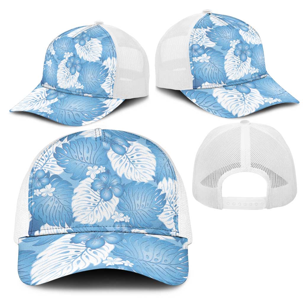 Blue Aloha Hawaii Mesh Trucker Cap Monstera Hibiscus Plumeria Seamless Vibes - Polynesian Pride