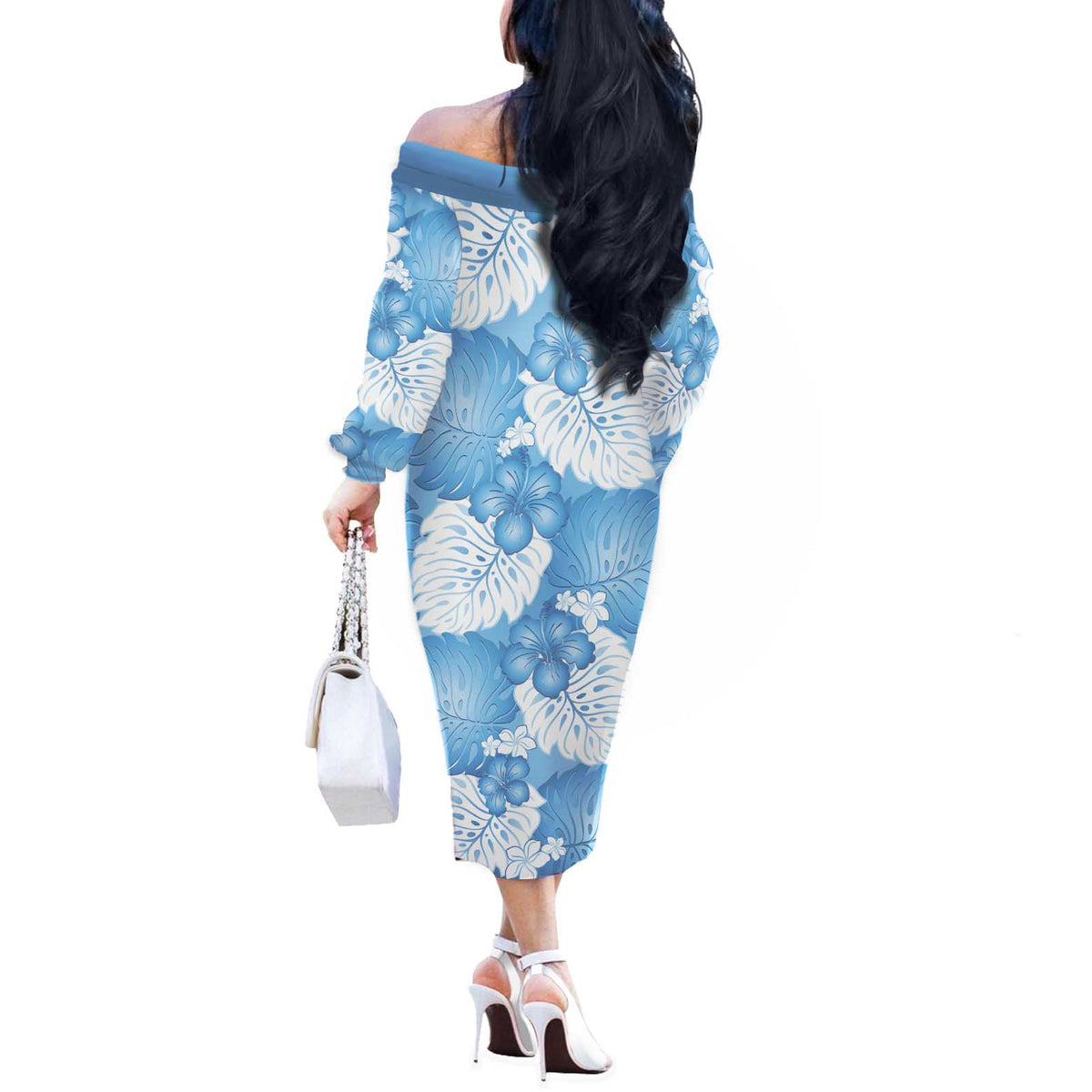 Blue Aloha Hawaii Off The Shoulder Long Sleeve Dress Monstera Hibiscus Plumeria Seamless Vibes LT14 - Polynesian Pride