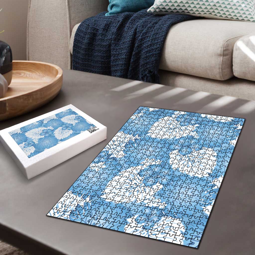 Blue Aloha Hawaii Puzzle Monstera Hibiscus Plumeria Seamless Vibes - Polynesian Pride