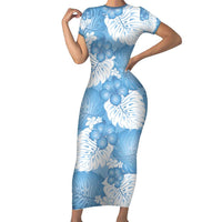 Blue Aloha Hawaii Short Sleeve Bodycon Dress Monstera Hibiscus Plumeria Seamless Vibes LT14 Long Dress Blue - Polynesian Pride