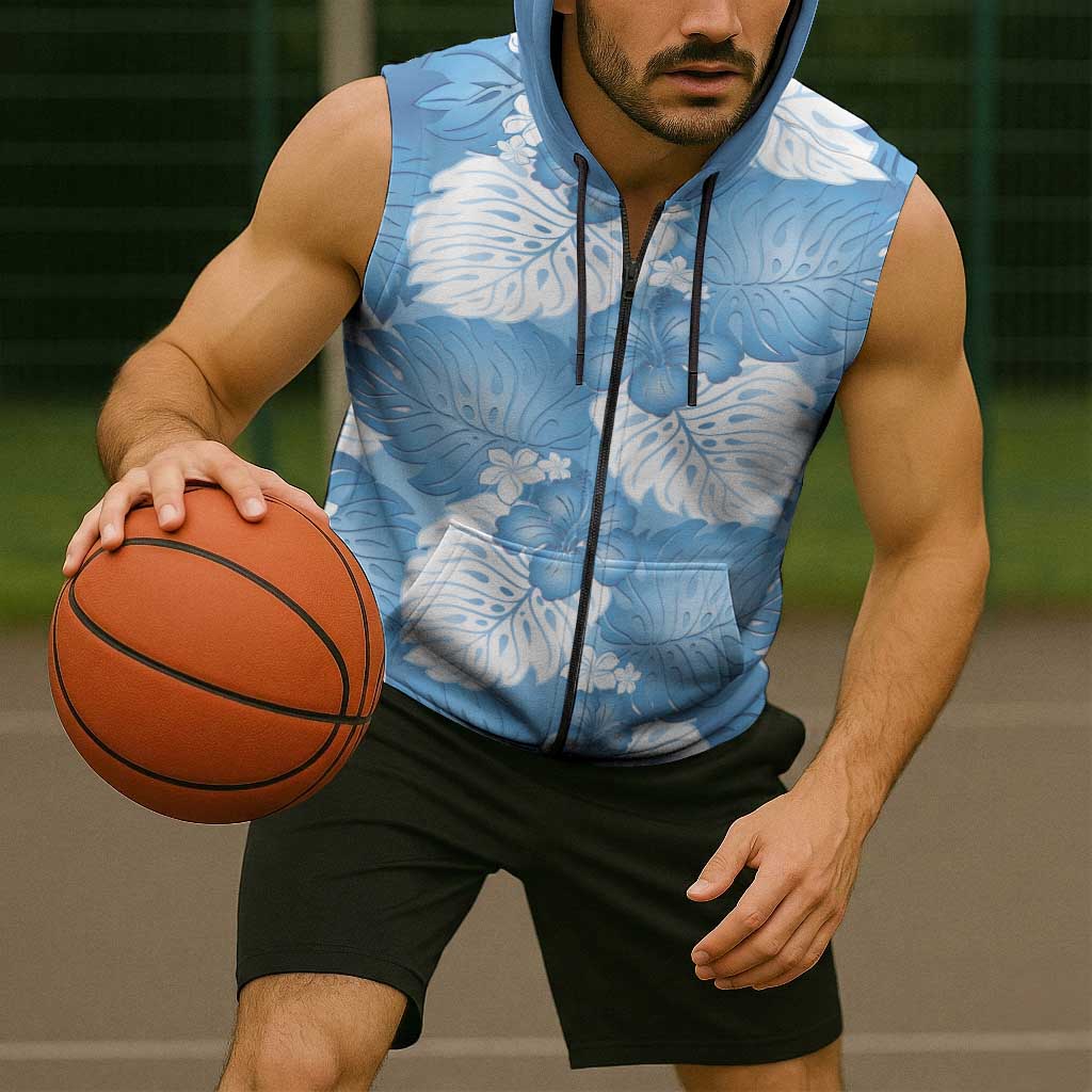 Blue Aloha Hawaii Sleeveless Zip Hoodie Monstera Hibiscus Plumeria Seamless Vibes LT14 - Polynesian Pride