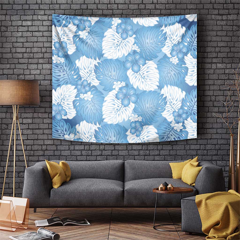 Blue Aloha Hawaii Tapestry Monstera Hibiscus Plumeria Seamless Vibes - Polynesian Pride